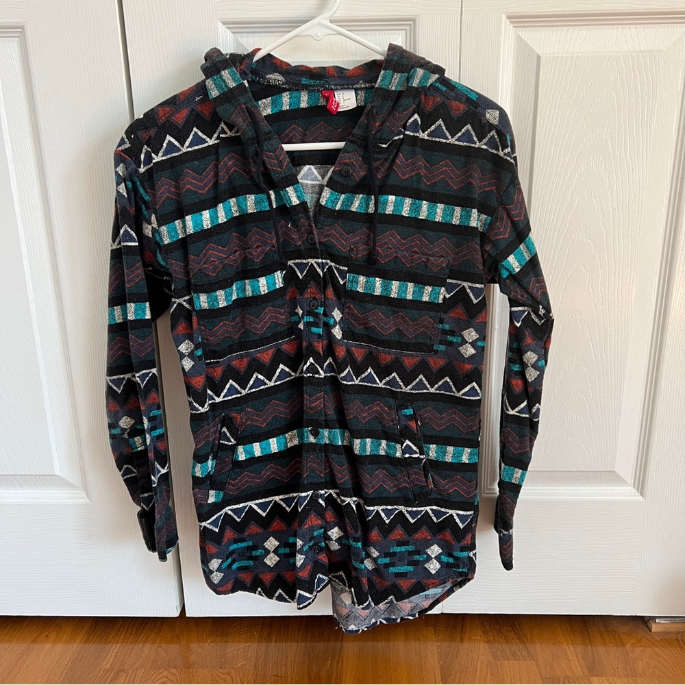 Colorful Geometric Patterned Hoodie Button Up Small